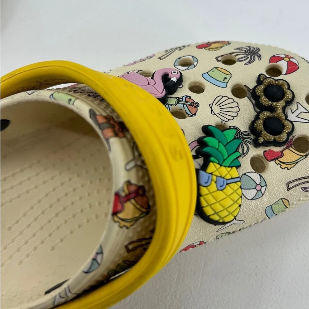 Crocs Kids Classic Clog Beach Vacation Print Yellow Strap Jibbitz Size C12